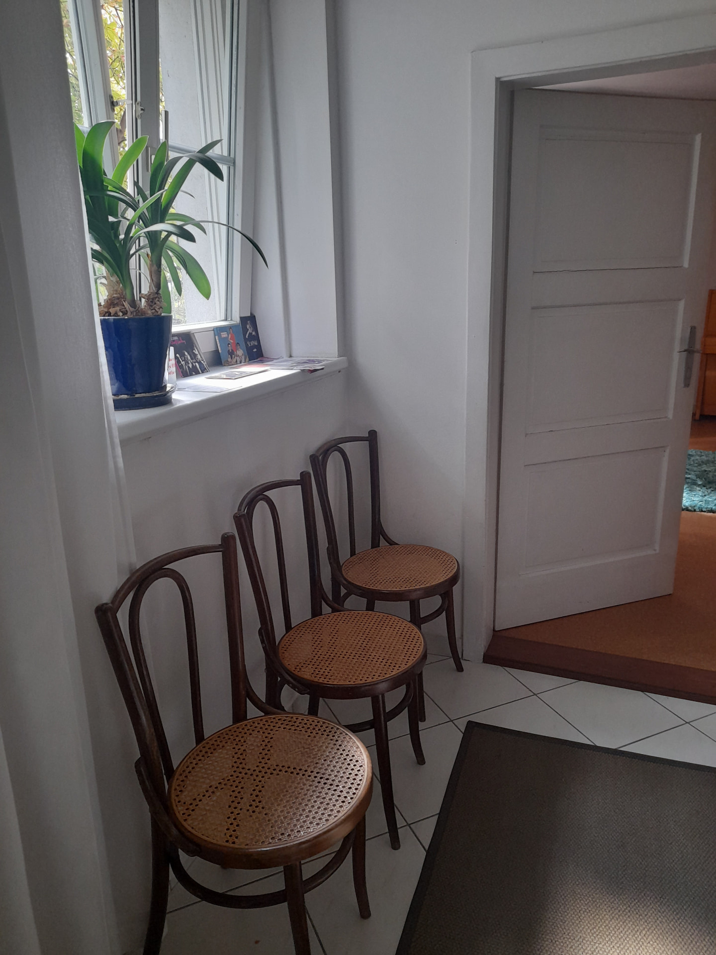Wartebereich mit drei Holzstühlen und Pflanze am Fenster